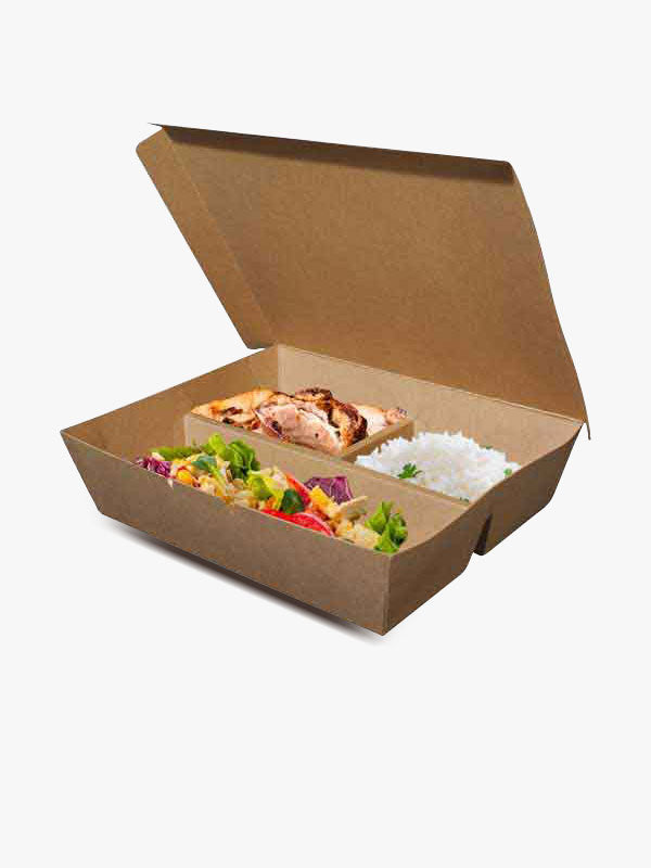 Brown Kraft Paper Tray with 3 Compartments 1200 ml opened